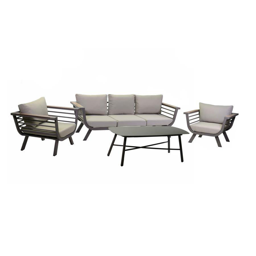 Salotto alluminio Riverside tortora 3 posti c/cuscini crema (bracciolo in hpl)