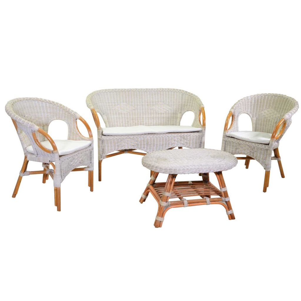 Salotto lucrezia 4pz rattan c/c sbiancato