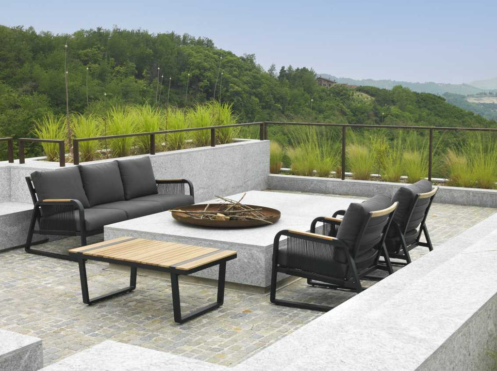 Salotto alluminio Idaho corda 3p antracite c/cuscini grigio top tavolo legno