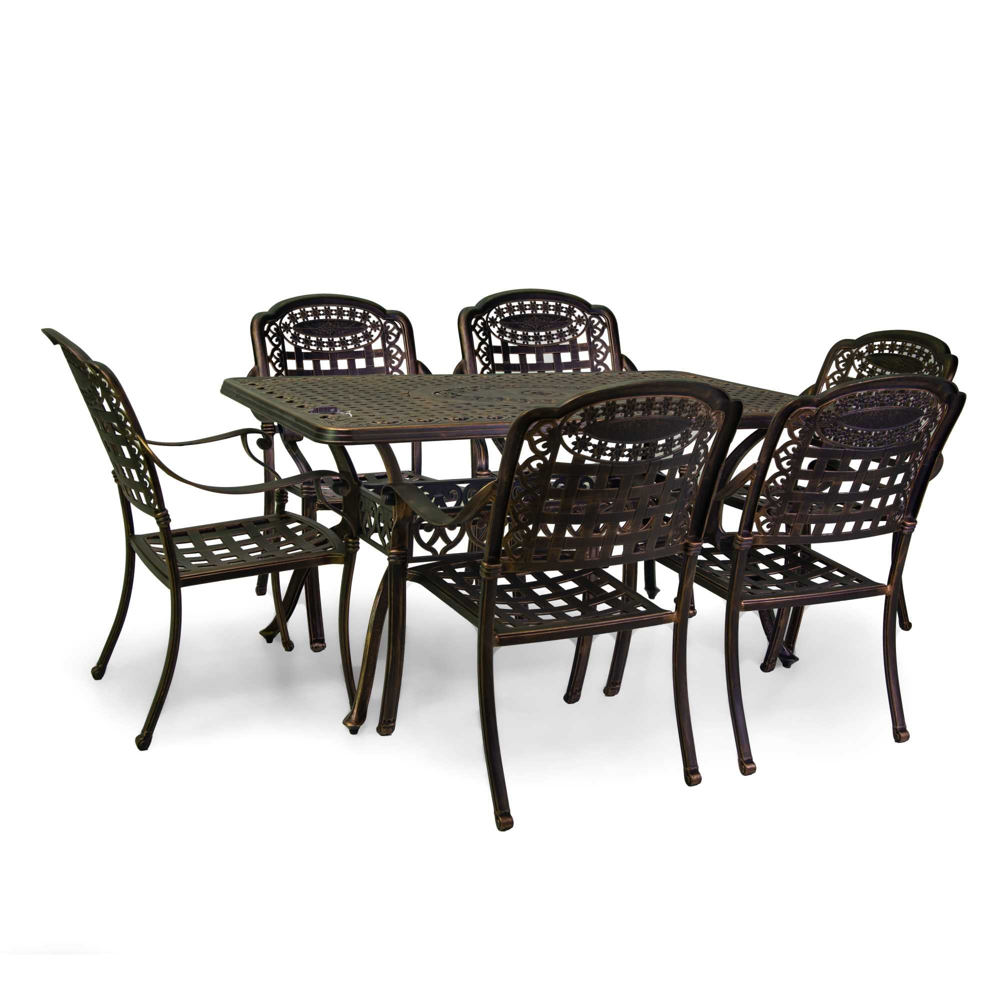 Completo pranzo Maryland 7 pezzi (Tavolo + 6 sedie) in alluminio pressofuso bronzo