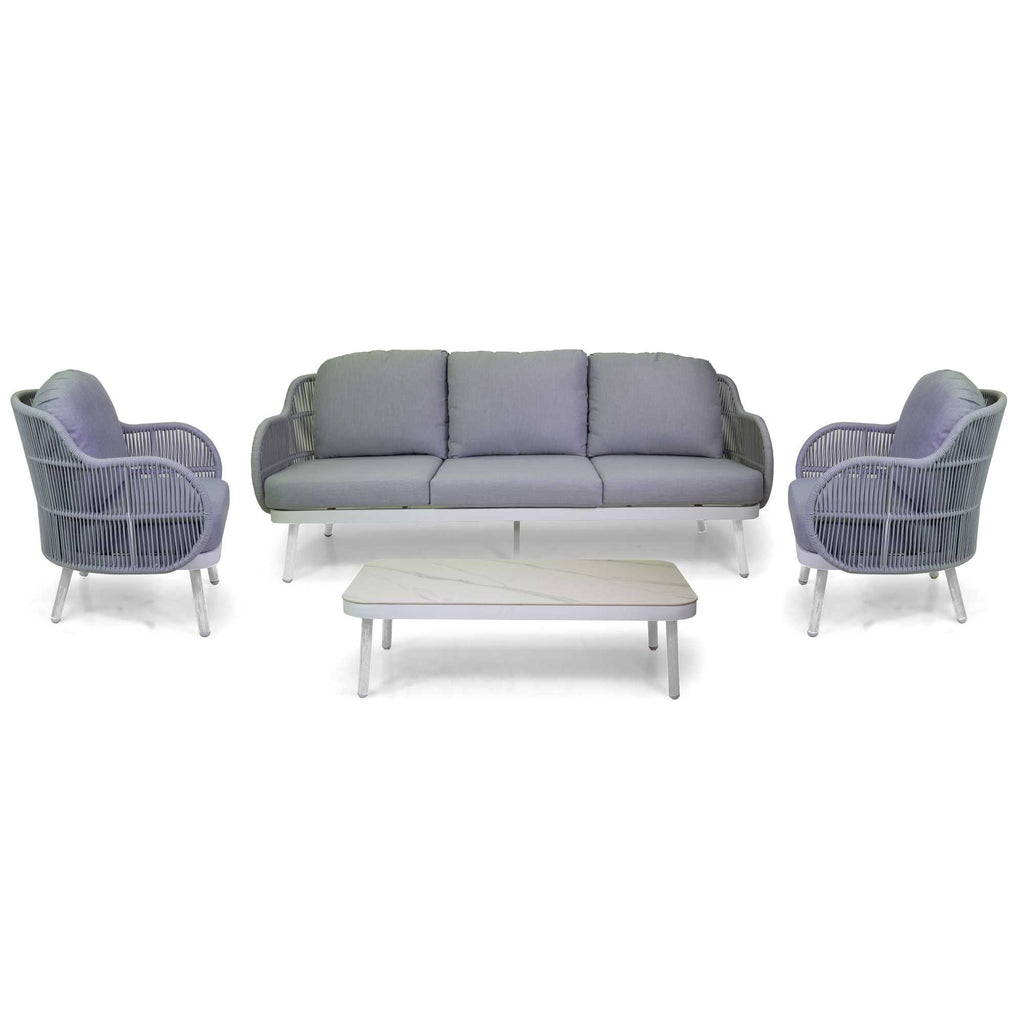 Salotto alluminio Wichita 3 posti bianco c/cuscino e corda grigio chiaro