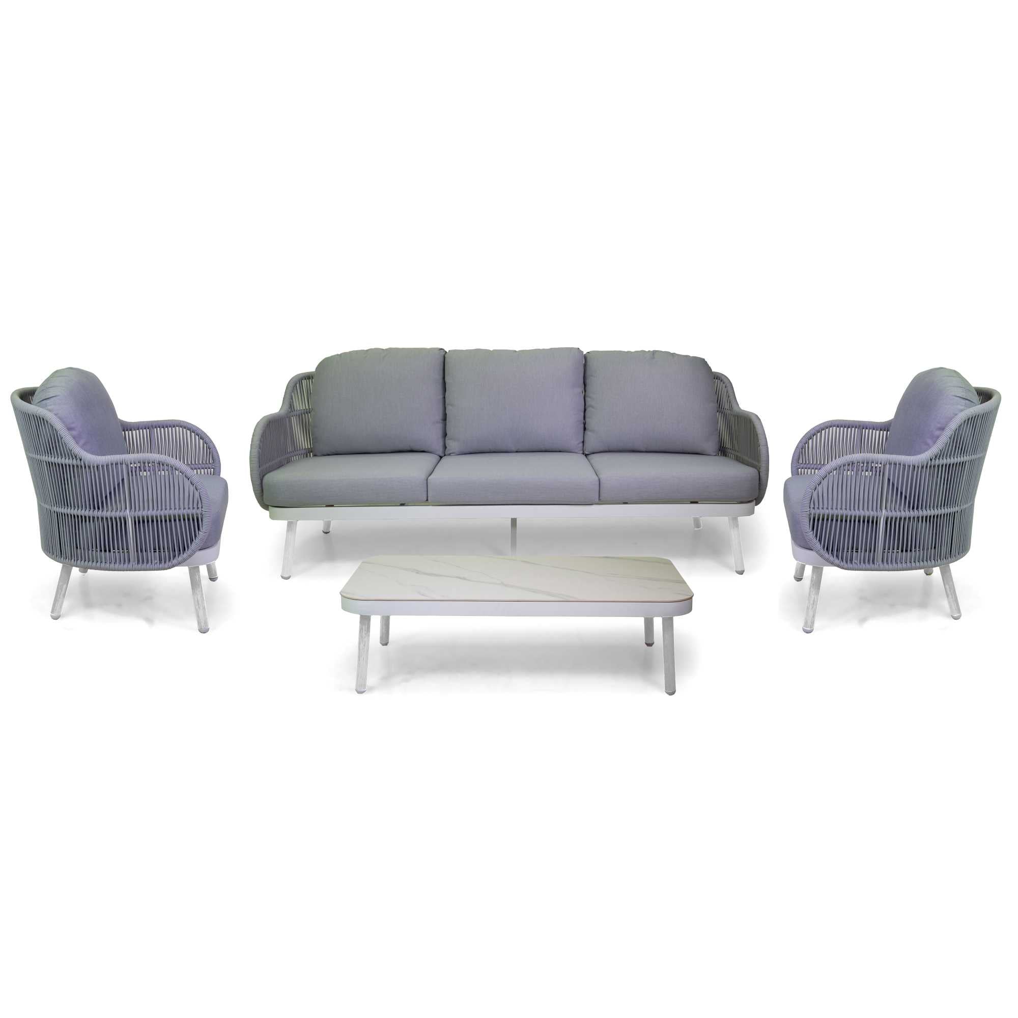 Salotto alluminio Wichita 3 posti bianco c/cuscino e corda grigio chiaro