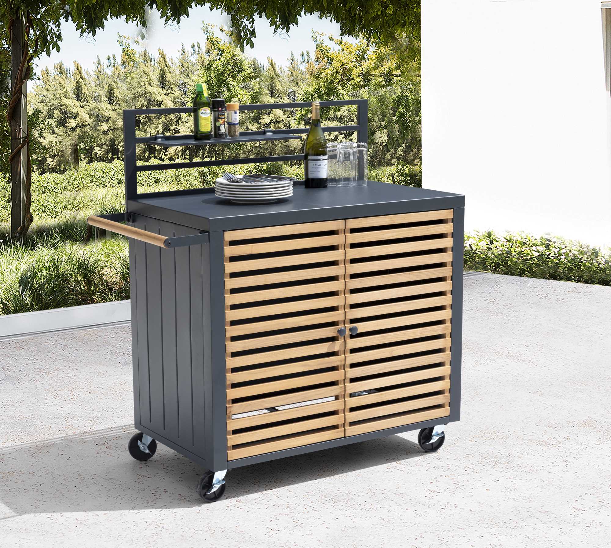 Mobiletto alluminio Idaho antracite 2 ante teak cm114x58h120