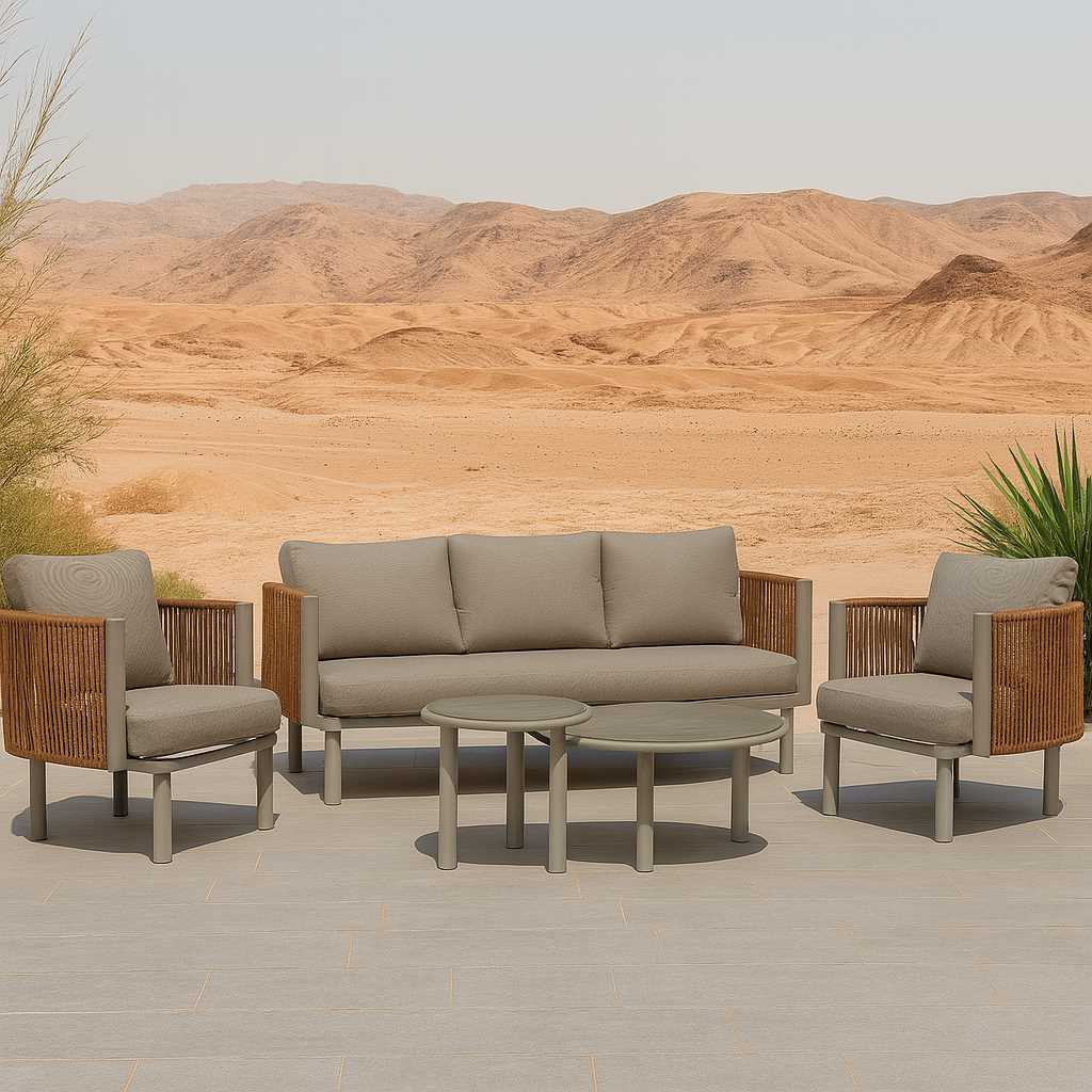 Salotto alluminio 3 posti Barreiro bianco c/cucini crema e intreccio polyrattan