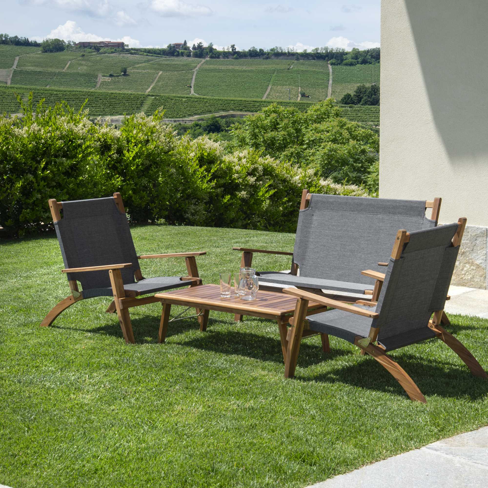 Salotto legno Diane 2posti c/ tessuto olefin grigio scuro