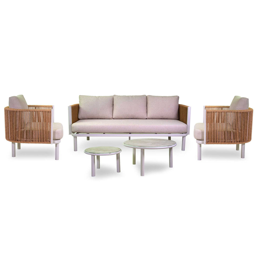 Salotto alluminio 3 posti Barreiro bianco c/cucini crema e intreccio polyrattan