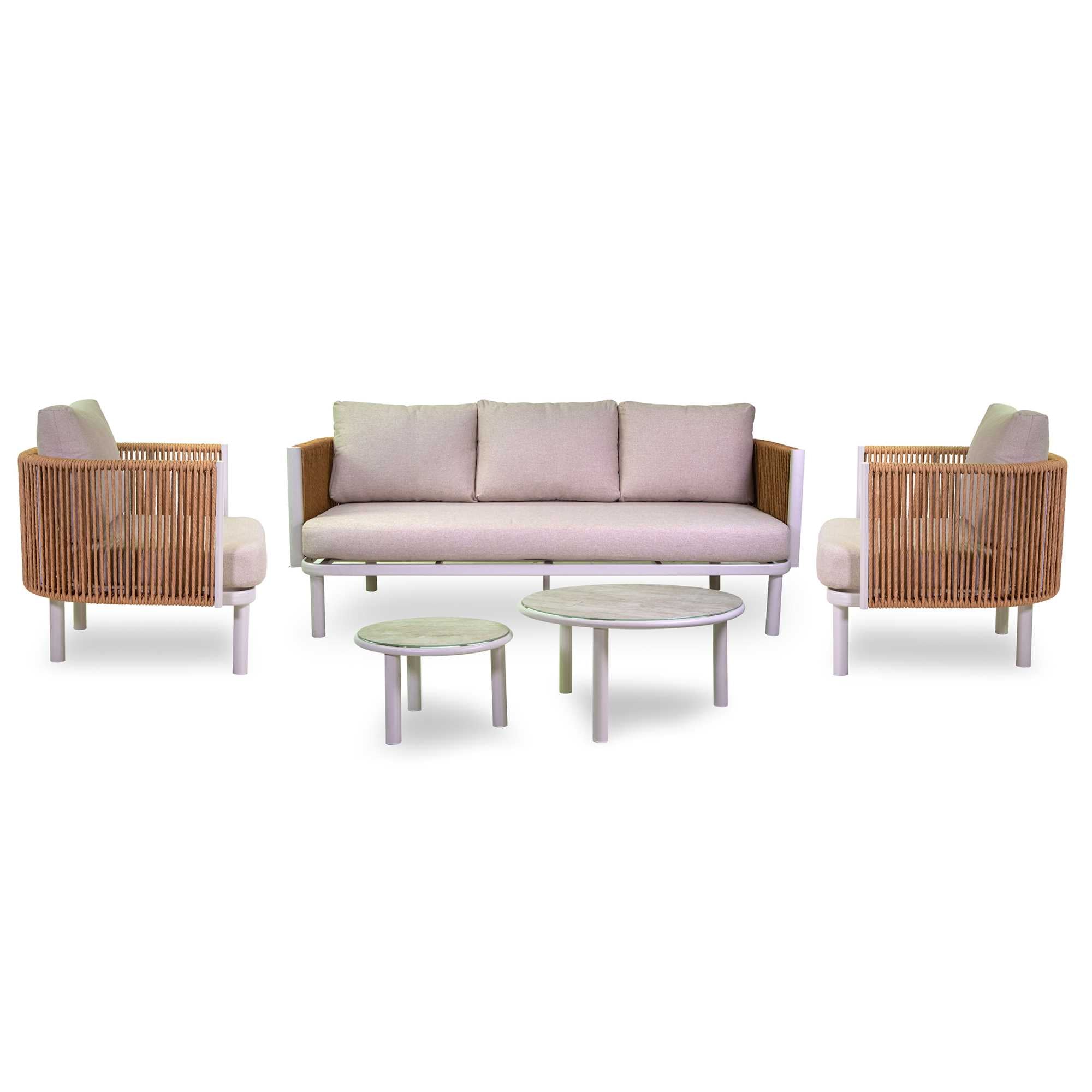 Salotto alluminio 3 posti Barreiro bianco c/cucini crema e intreccio polyrattan