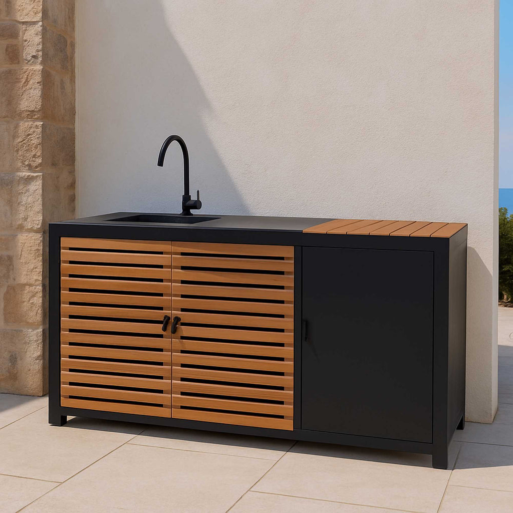 Mobile cucina alluminio Idaho c/teak e pietra sinterizzata antracite cm180x65h90
