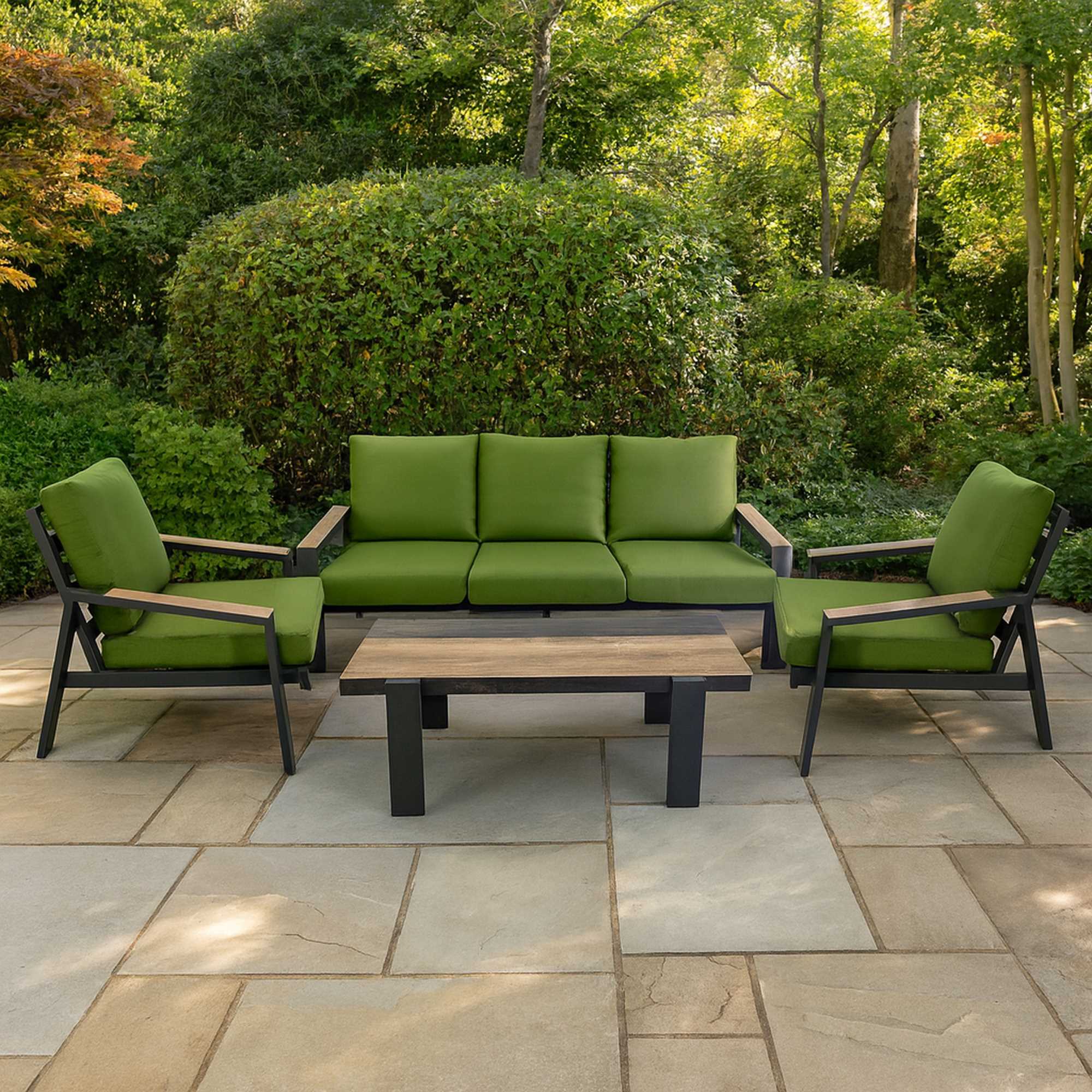 Salotto alluminio Riverside 3 posti antracite con  cuscini verde