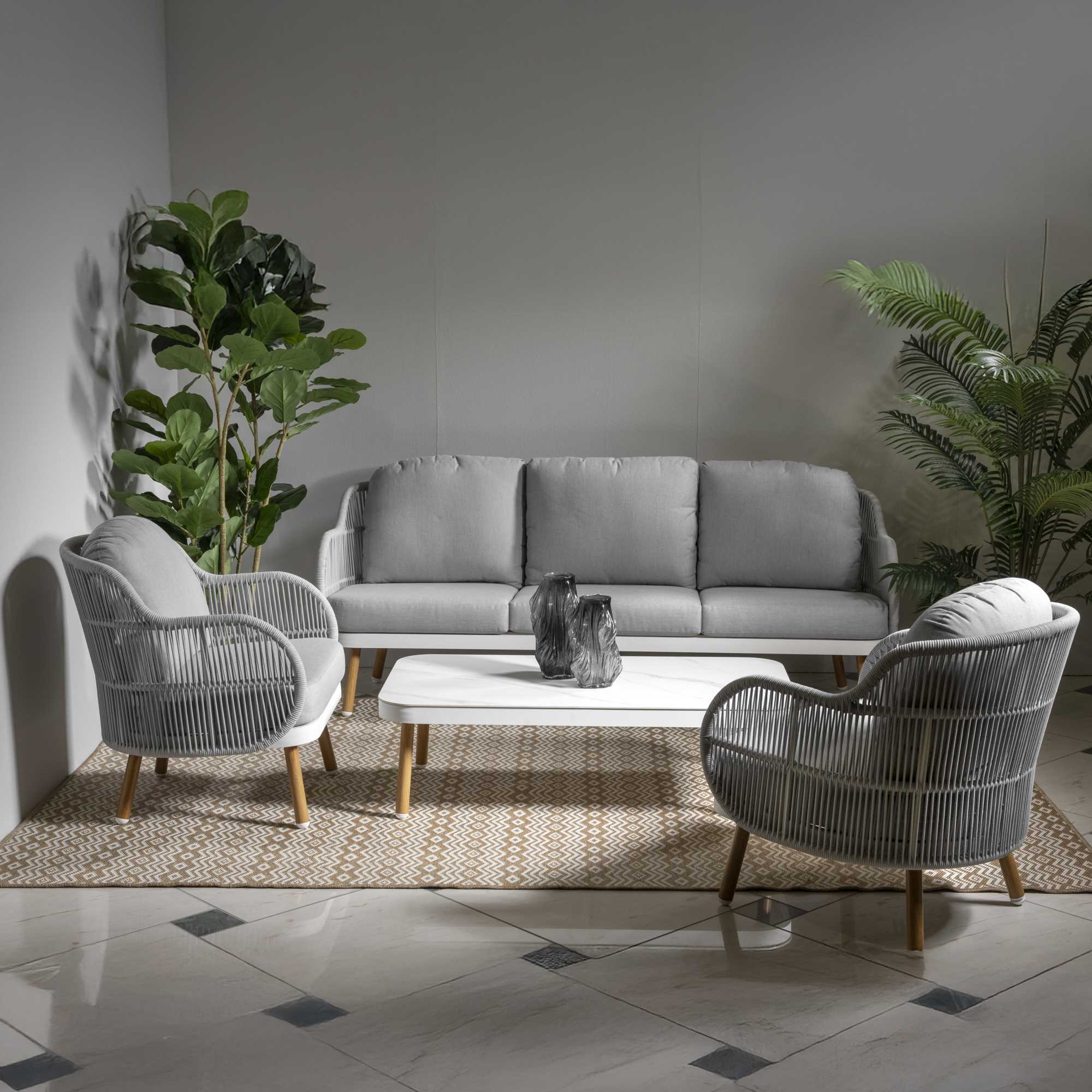 Salotto alluminio Wichita 3 posti bianco c/cuscino e corda grigio chiaro